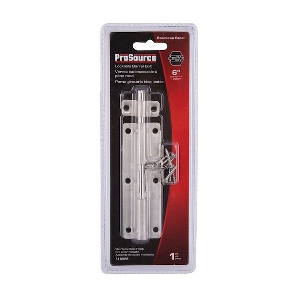Prosource Barrel Bolt, 0.31 Dia in Bolt Head, 6 in L Bolt, Stainless Steel, Stainless Steel - SS-B06-PS