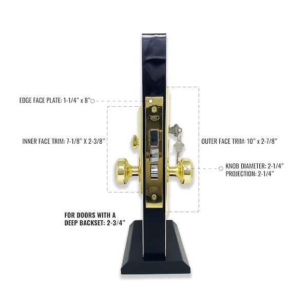 Premier Lock Brass Mortise Entry Right Hand Door Lock Set w/2.75 in. Backset, 2 SC1 Keys and Wide Face Plate-Hex - MR02