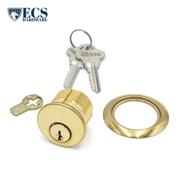 Ecs Hardware Durable Prem Mortise Cylinder, 1 in, Keyed Alike w/Ring, Schlage SC1 Keyway, US3, Bright Polished Brass - ECSH-MC01-US3-SC1-KA10