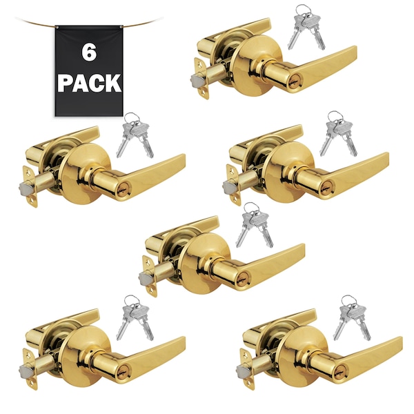 Premier Lock Entry Door Lever Lock Set Set of 6, Keyed Alike, Polished Brass, 6PK - LEV01X-6