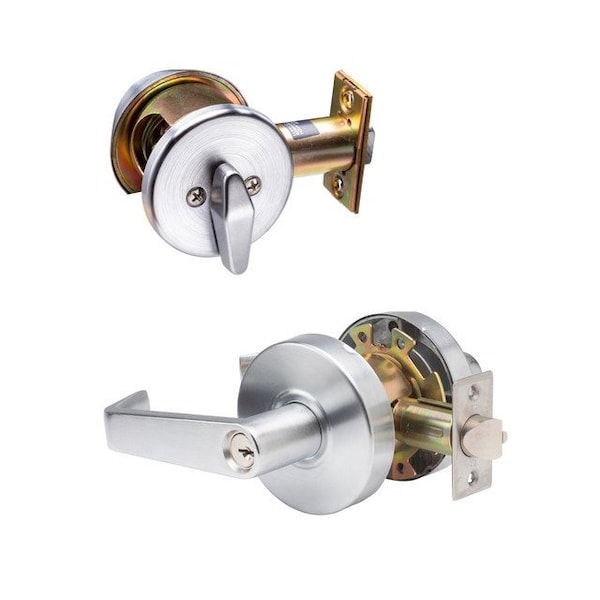 Trans Atlantic Co. LSV Saturn Brushed Chrome Grade 2 Commercial Cylindrical Entry Door Handle with 700 Series Single Cylinder Deadbolt Pack - DL-LSV53DB751-US26D
