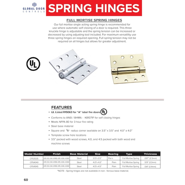Global Door Controls 4.5 in. x 4.5 in. Brushed Chrome Full Mortise Spring Squared Hinge with Non-Removable Pin - Set of 3 - CPS4545-26D-3