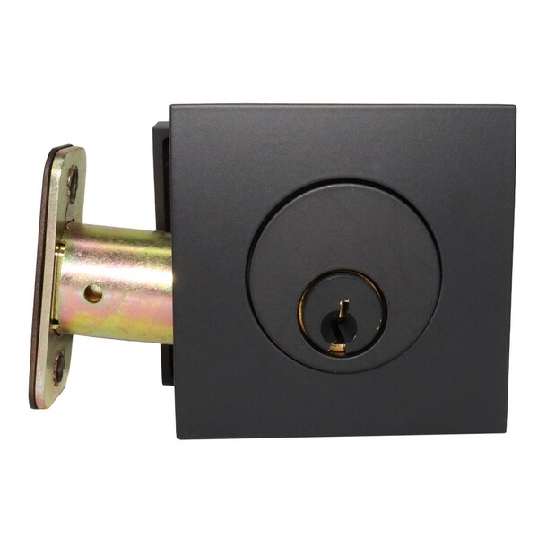 Emtek Square Single Cylinder Deadbolt for 1-3/8 in to 2-1/8 in Door w/Radius Latch Strike Flat Black - 8469US19.RLS