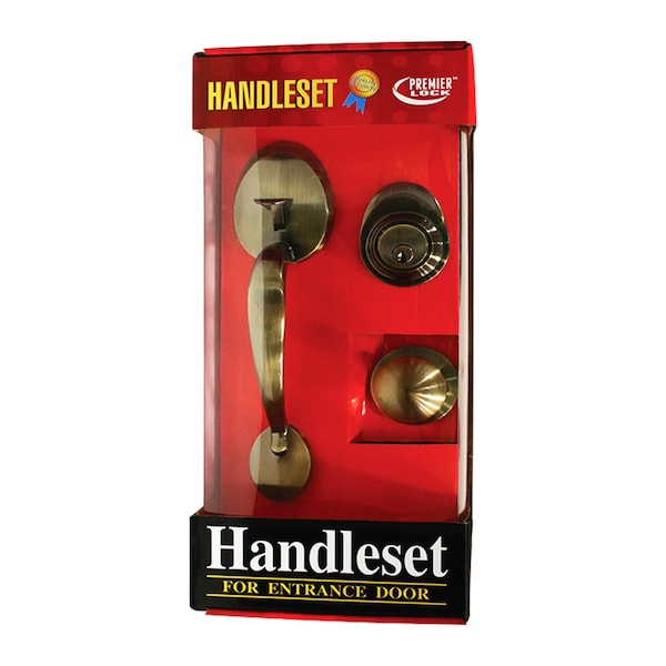 Premier Lock Antique Brass Single Cylinder Door Handleset with Keyed Deadbolt Lock, Inside Knob and 3 KW1 Keys - HSL-AN