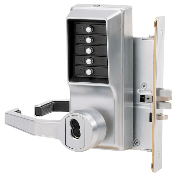 Dormakaba Mortise Combination Lever Lock, Key Override, Lockout, 6/7-Pin SFIC Prep, Less Core, Satin Chrome - L8146B-26D-41