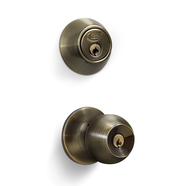 Premier Lock Entry Door Knob Combo Lock Set with Deadbolt Set of 4, Keyed Alike, Antique Brass, 4PK - ED04-4