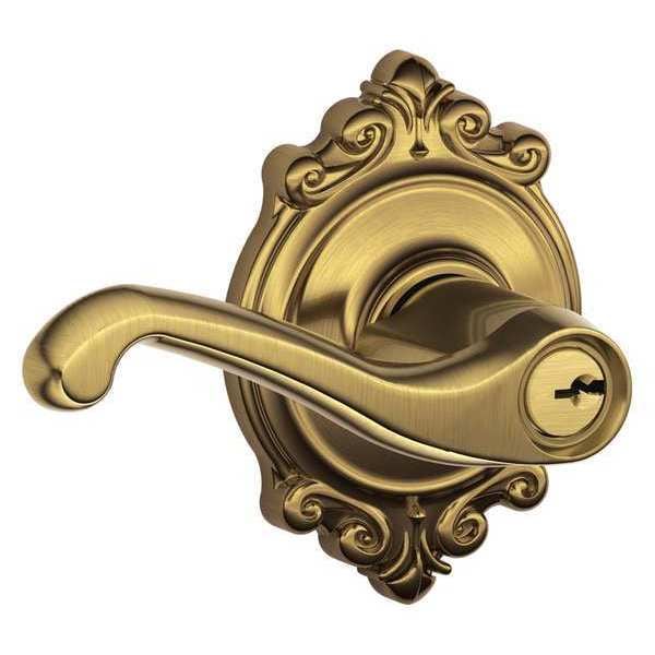 Schlage Antique Brass Entrance Lever Lockset, Flair/Brookshire - F51A FLA 609 BRK