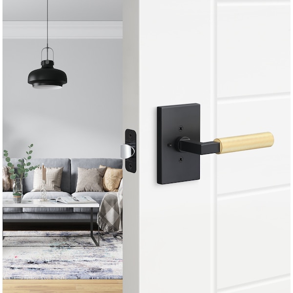 Sure-Loc Hardware Sure-Loc Hardware Levanto Privacy Rosette, Flat Black, Knurled Grip in Satin Brass - LV102 FBL GRIP-KN SB