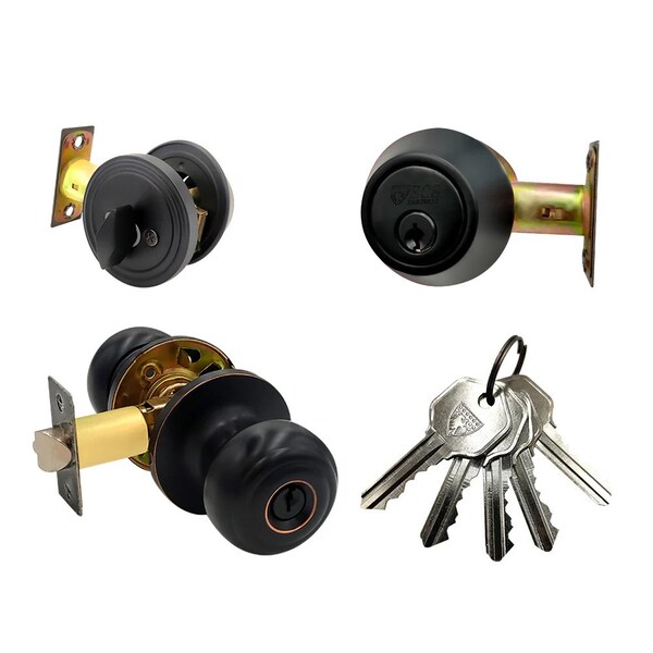 Ecs Hardware Durable Combo Lockset w/ Single Knob & Deadbolt, Entrance, Oil Rubbed Bronze, Grade 3 KW1 - ECSH-37805-ORB-KW1