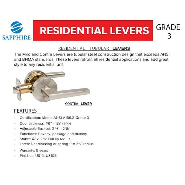 Sapphire Contra Collection Modern Brushed Chrome Grade 3 Dummy Door Lever/Handle - LS-CON170-US26
