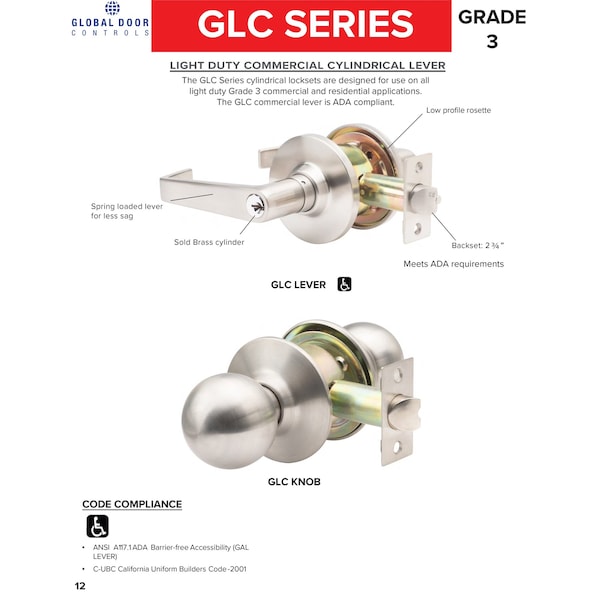 Global Door Controls GLC Series Brushed Chrome Grade 3 Commercial/Residential Privacy Door Knob with Lock - GLC-5140B-626