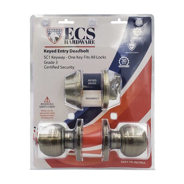 Ecs Hardware Durable Combo Lockset w/ Single Knob & Deadbolt, Entrance, Antique Bronze, Grade 3 SC1 - ECSH-3607-AB-SC1