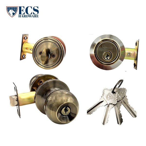 Ecs Hardware Durable Combo Lockset w/ Single Knob & Deadbolt, Entrance, Antique Bronze, Grade 3 SC1 - ECSH-3607-AB-SC1