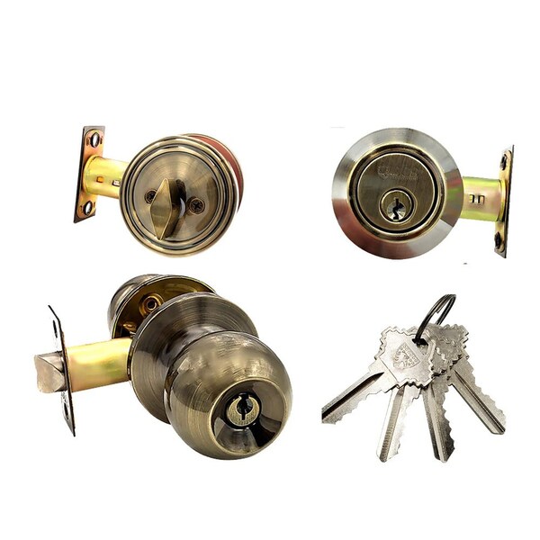 Ecs Hardware Durable Combo Lockset w/ Single Knob & Deadbolt, Entrance, Antique Bronze, Grade 3 SC1 - ECSH-3607-AB-SC1
