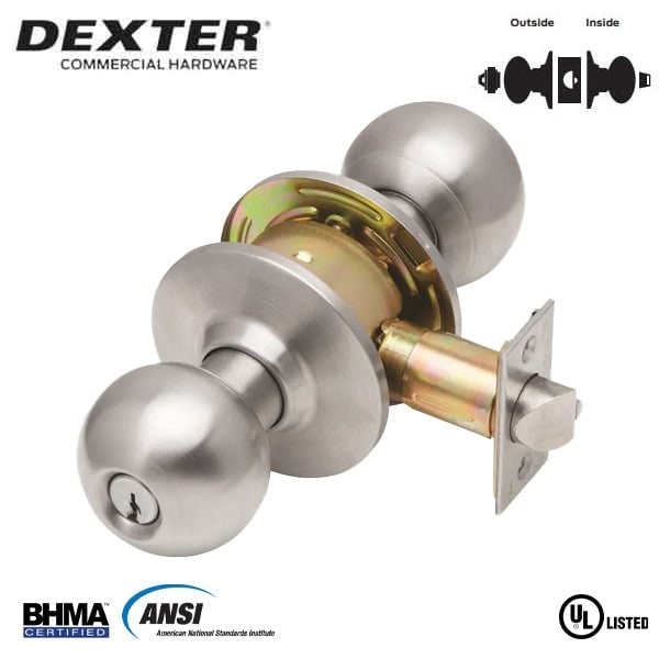 Dexter By Schlage CYLINDRICAL LOCK, ENTRY/OFFICE BALL KNOB GRADE 2 UL LISTED 3 HOUR 6-PIN SCHLAGE C KD SATIN STAINLESS - DEX-C2000-ENTR-B-630