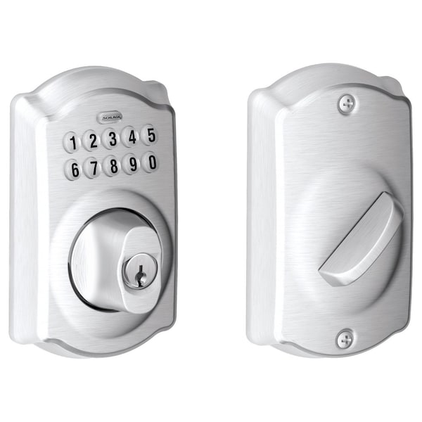 Schlage Residential Grade 2 Pushbutton Deadbolt Lock, Camelot Trim, Satin Chrome Finish - BE365 CAM 626