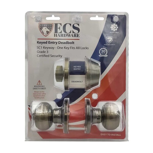 Ecs Hardware Durable Combo Lockset w/ Single Knob & Deadbolt, Entrance, Antique Bronze, Grade 3 SC1 - ECSH-37805-AB-SC1