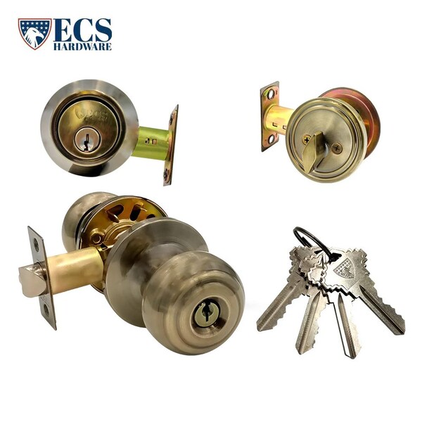 Ecs Hardware Durable Combo Lockset w/ Single Knob & Deadbolt, Entrance, Antique Bronze, Grade 3 SC1 - ECSH-37805-AB-SC1