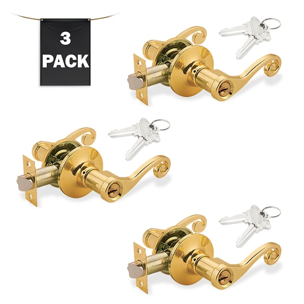 Premier Lock Decorative Entry Door Lever Lock Set Set of 3, Keyed Alike, Polished Brass, 3PK - LEV05X-3