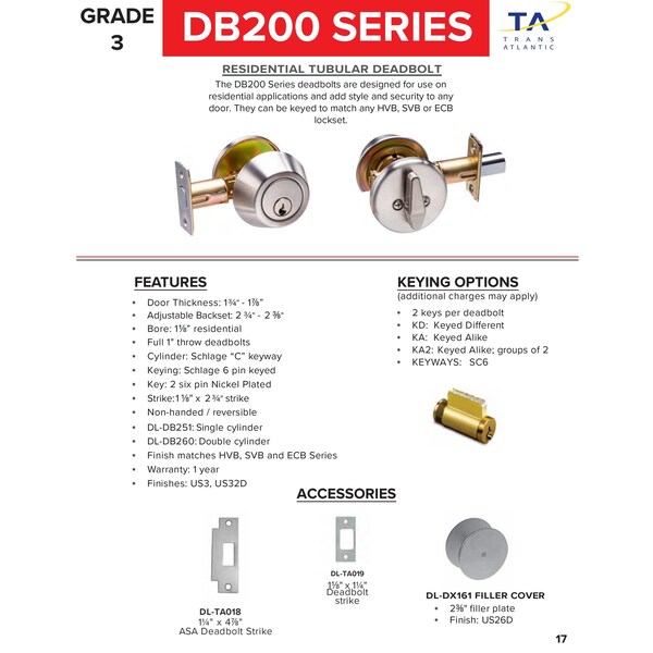 Trans Atlantic Co. 200 Series Grade 3 Bright Brass Single Cylinder Tubular Deadbolt - DL-DB251-US3