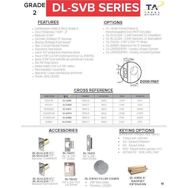 Trans Atlantic Co. SVB Series Stainless Steel Grade 2 Standard Duty Commercial Cylindrical Entry Door Knob with Lock - DL-SVB53-US32D