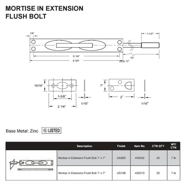 Delaney Hardware COMMERCIAL MORTISE EXT FLUSH BOLT US26D - 436302