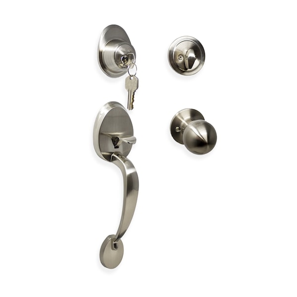 Premier Lock Satin Nickel Single Cylinder Door Handleset with Deadbolt Lock, Inside Knob and 3 KW1 Keys - HSL-SN