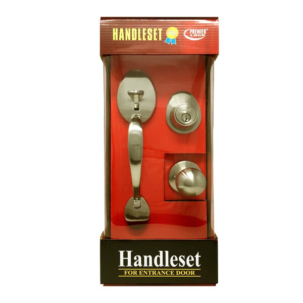 Premier Lock Satin Nickel Single Cylinder Door Handleset with Deadbolt Lock, Inside Knob and 3 KW1 Keys - HSL-SN