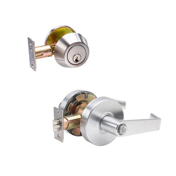 Trans Atlantic Co. LSV Saturn Brushed Chrome Grade 2 Commercial Cylindrical Entry Door Handle with 700 Series Double Cylinder Deadbolt Pack - DL-LSV53DB760-US26D