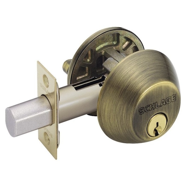 Schlage B60609 Deadbolt, Antique Brass, 238 x 234 in Backset, C Keyway - B60N609