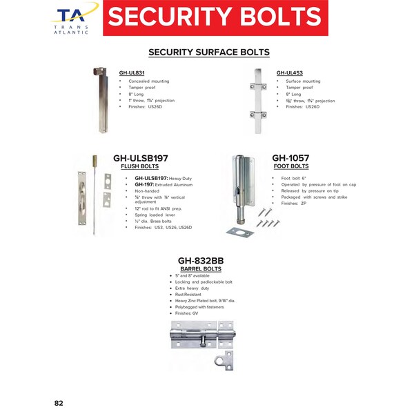 Trans Atlantic Co. 5 in. Heavy Duty Galvannealed Security Surface Barrel Bolt - GH-832BB5-GV