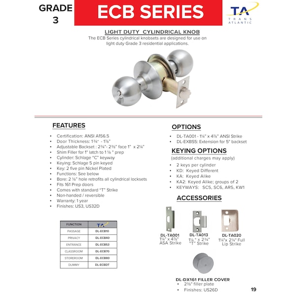 Trans Atlantic Co. Bright Brass Grade 3 Light Duty Residential Cylindrical Dummy Door Knob - DL-ECBDT-US3