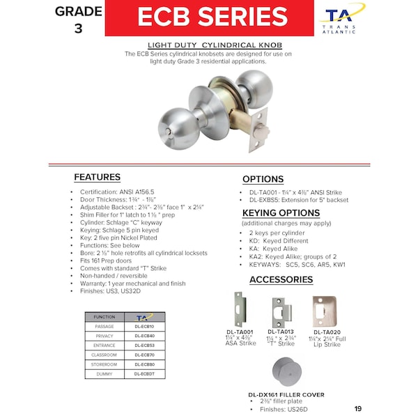 Trans Atlantic Co. Bright Brass Grade 3 Light Duty Residential Cylindrical Dummy Door Knob - DL-ECBDT-US3