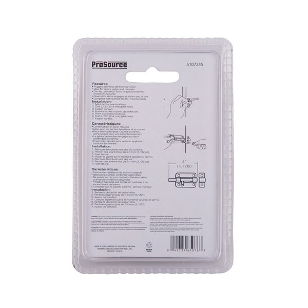 Prosource Barrel Bolt, 0.31 Dia in Bolt Head, 2 in L Bolt, Stainless Steel, Stainless Steel - SS-B02-PS