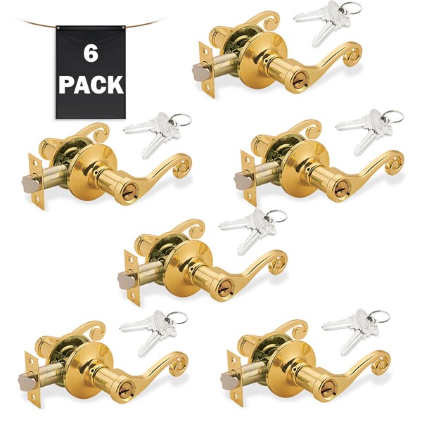 Premier Lock Decorative Entry Door Lever Lock Set Set of 6, Keyed Alike, Polished Brass, 6PK - LEV05X-6