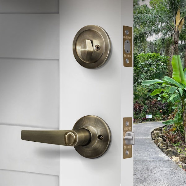 Premier Lock Entry Door Lever Combo Lock Set with Deadbolt Set of 2, Keyed Alike, Antique Brass, 2PK - LED04-2