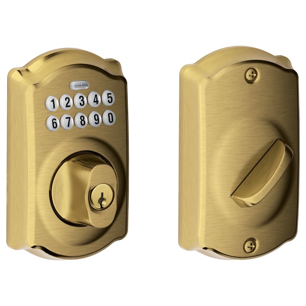 Schlage Residential Grade 2, Keypad Deadbolt, C KWY, Camelot Escutcheon, US5, Round Corner - BE365 CAM 609