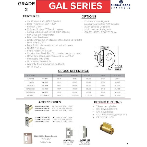 Global Door Controls Pisa Series Standard Duty Brushed Chrome Grade 2 Commercial Cylindrical Entry Door Handle with Lock and Clutch Function - GAL-1151P-626