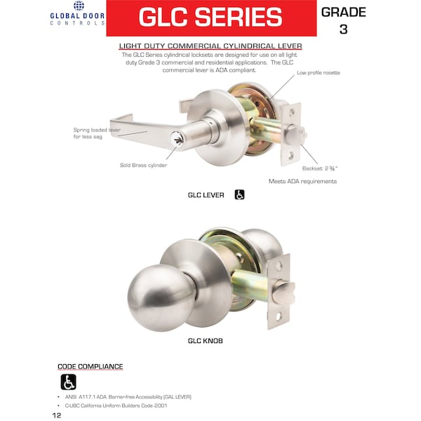Global Door Controls GLC Series Brushed Chrome Grade 3 Commercial/Residential Passage Door Knob - GLC-5110B-626