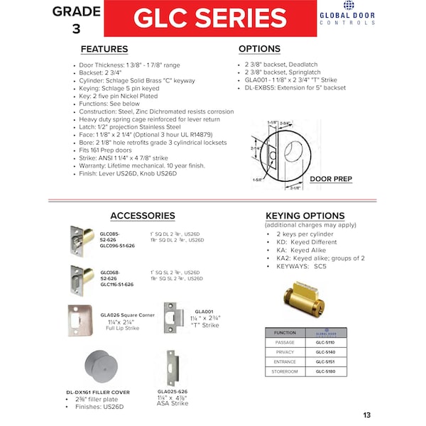 Global Door Controls GLC Series Brushed Chrome Grade 3 Commercial/Residential Passage Door Knob - GLC-5110B-626