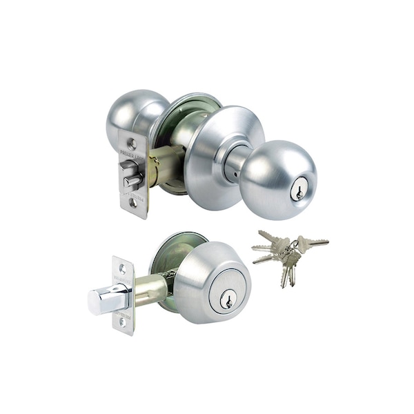 Premier Lock Stainless Steel Grade 3 Combo Lock Set with Entry Door Knob and Deadbolt, 6 SC1 Keys - GR3ED03C
