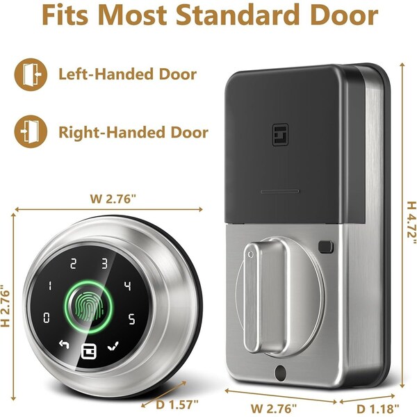Edendirect 4 in 1 Aluminum Smart Lock Deadbolt with App Biometric Door Knob, Keyless Entry Door Lock in Silver - IR-F02SN=F02-02