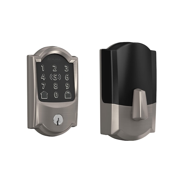 Schlage Residential Camelot Encode Plus Smart Wifi Deadbolt with 12351 Latch and 10116 Strike Satin Nickel Finish - BE499WBCAM619