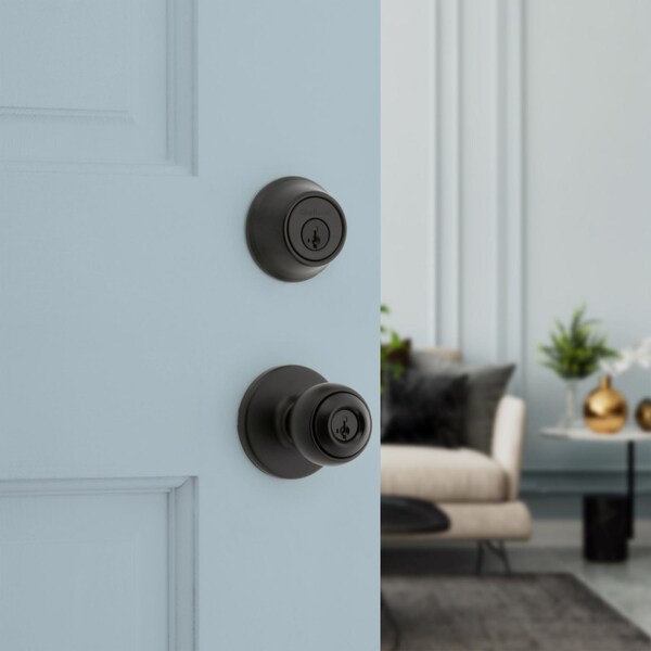 Kwikset Polo Traditional Matte Black Deadbolt and Entry Door Knob 1-3/4 in. - 96900-449
