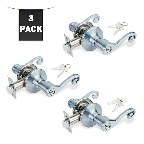 Premier Lock Decorative Entry Door Lever Lock Set Set of 3, Keyed Alike, Satin Nickel, 3PK - LEV06X-3