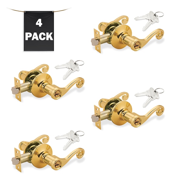 Premier Lock Decorative Entry Door Lever Lock Set Set of 4, Keyed Alike, Polished Brass, 4PK - LEV05X-4