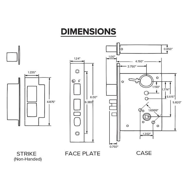 Trans Atlantic Co. DXML Series Brushed Chrome Grade 1 Storeroom Mortise Lock Door Handle with Sectional Right-Handed Lever - DL-DXML80SSRH-US26D