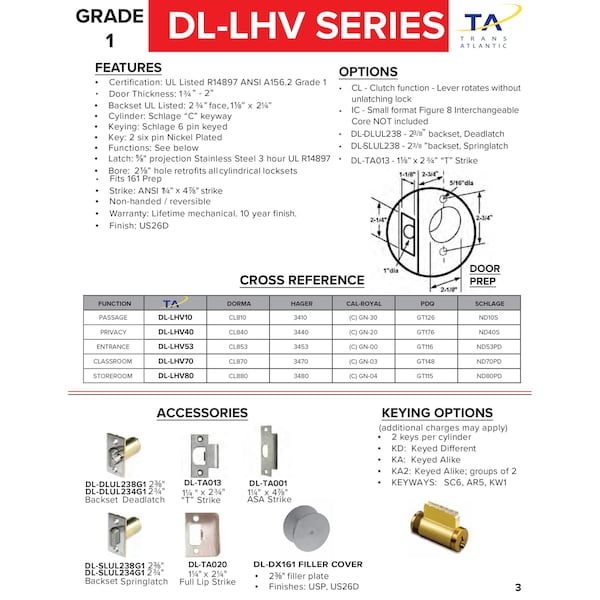 Trans Atlantic Co. Heavy Duty Brushed Chrome Grade 1 Commercial Cylindrical Passage Hall/Closet Door Handle - DL-LHV10-US26D
