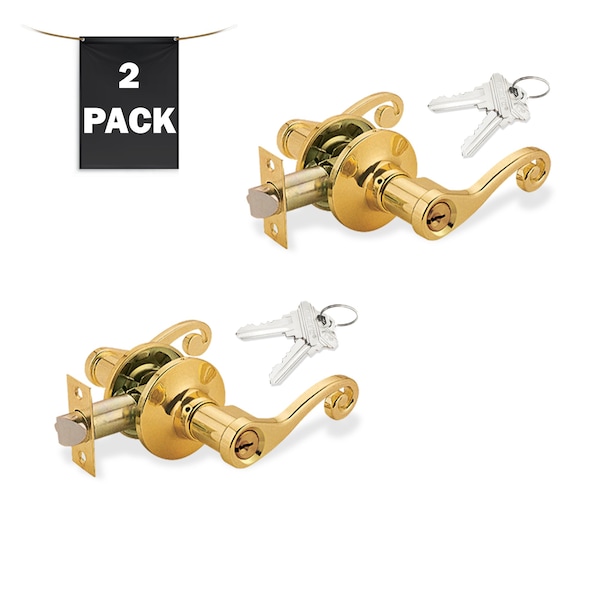 Premier Lock Decorative Entry Door Lever Lock Set Set of 2, Keyed Alike, Polished Brass, 2PK - LEV05X-2