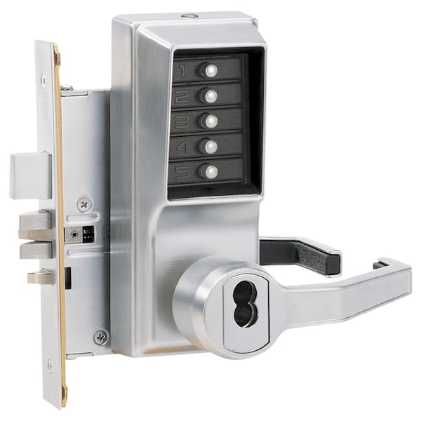 Dormakaba Mortise Combination Lever Lock, Key Override, Passage, Lockout, Less Core, Satin Chrome - RR8148B-26D-41